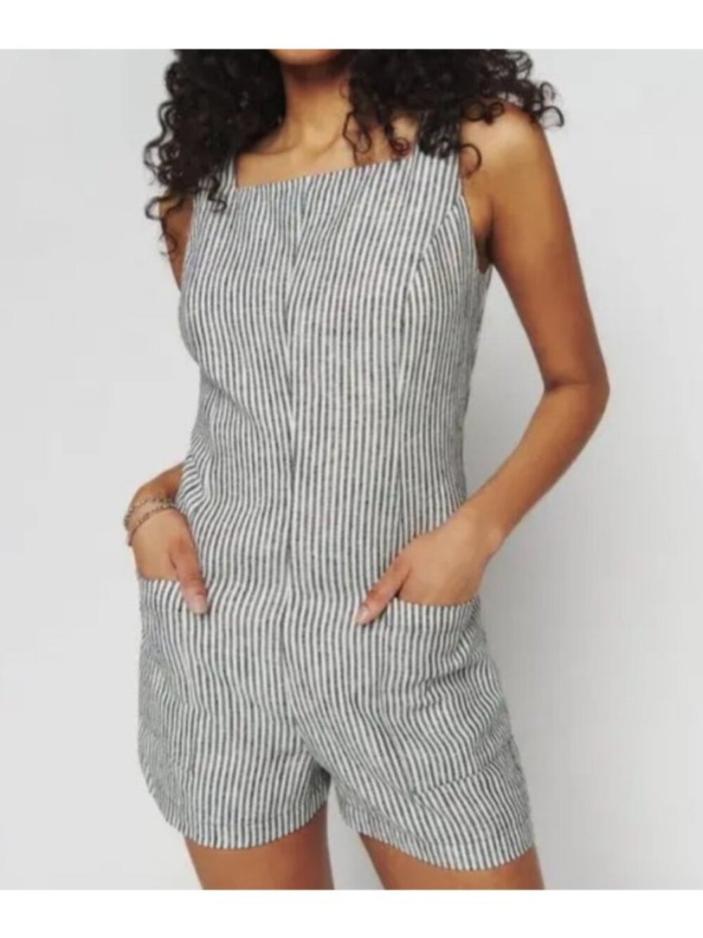 Reformation Womens Sz 10 Eve Linen Striped Romper Vineyard Black/White